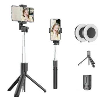 3 az 1-ben Selfie bot és tripod állvány, 2 db kör alakú tükrös LED világítással kép