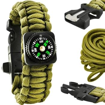 5in1 túlélő paracord karkötő zöld színben - extra erős kötél, kés, kovakő, iránytű és síp (BB-6063) kép