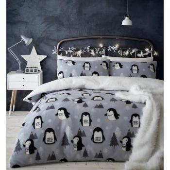 Cosy Penguin szürke fleece ágyneműhuzat, 135 x 200 cm - Catherine Lansfield kép