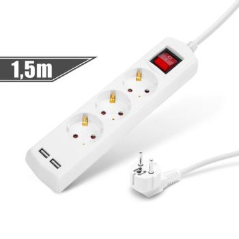 Elosztó 3-as - 3 x 1,5 mm - 1,5 m - 2 x USB-vel - kapcsolós kép