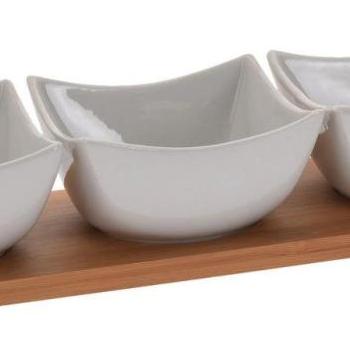 Koopman Tál tálaló készlet 4 részes (1 x bambusz tálca 30 x 10 cm + 3 x porcelán tál 9,5 x 5,5 cm) kép