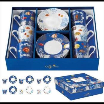 Porcelán eszpresszócsésze + alj 6 személyes 100ml, dobozban, Aqua... kép