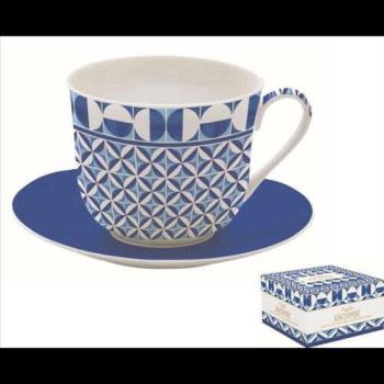 Porcelán reggelizőcsésze+alj, 400ml, dobozban, Geometric Blue, At... kép