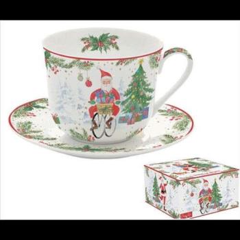 Porcelán reggelizőcsésze + alj 400ml, dobozban, Joyful Santa kép