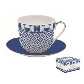 R2S.1454GBLU Porcelán reggelizőcsésze+alj, 400ml, dobozban, Geome... kép