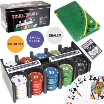 Texas Hold'Em póker szett, fémdobozban, 200 zsetonnal, 2 pakli kártyával, asztali játékszőnyeggel kép