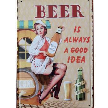 Vintage Dekor Fémtábla, dombornyomott, &#039;BEER is always a goog ide... kép