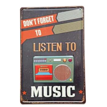 Vintage Dekor Fémtábla, dombornyomott, &#039;Listen to Music&#039; felirat,... kép