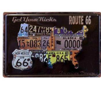 Vintage Dekor Fémtábla, dombornyomott USA térkép, &#039;Route 66&#039; feli... kép