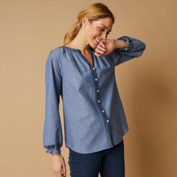 Blúz gombokkal és hímzésekkel, chambray kép